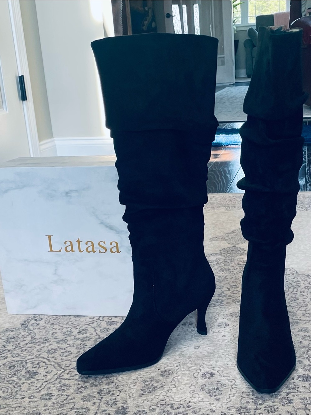 Latasa Black Slouch Knee-High Suede Heeled Boots